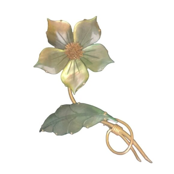 Ocean Treasure Vintage Brooch With Clip-on Earrings Mother-of-Pearl Floral Green - Picture 5 of 11